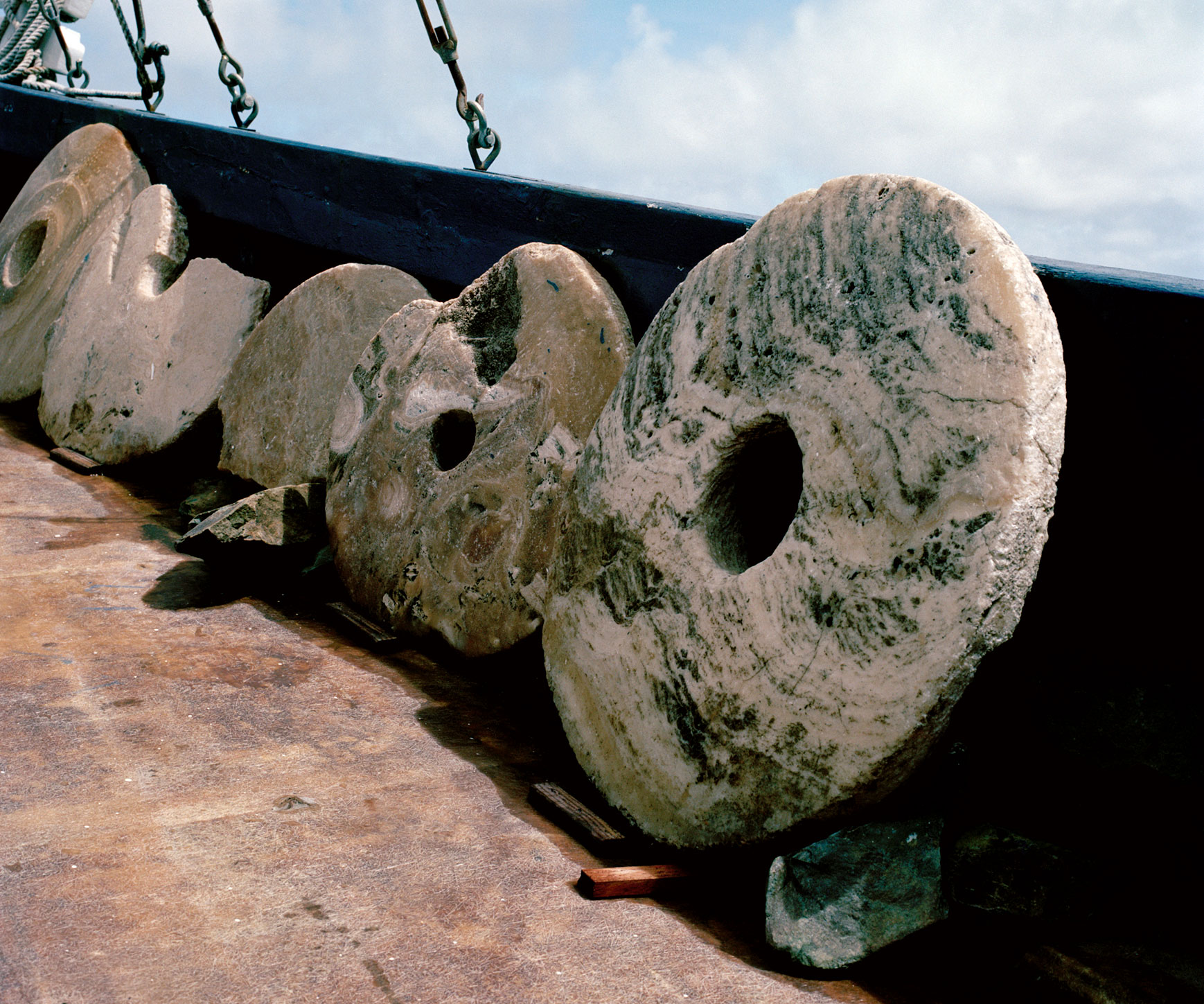 O'Keefe stones aboard SV Mnuw junk ship, Colonia, Yap, Micronesia, 2016. Photo: Nicholas Mangan.