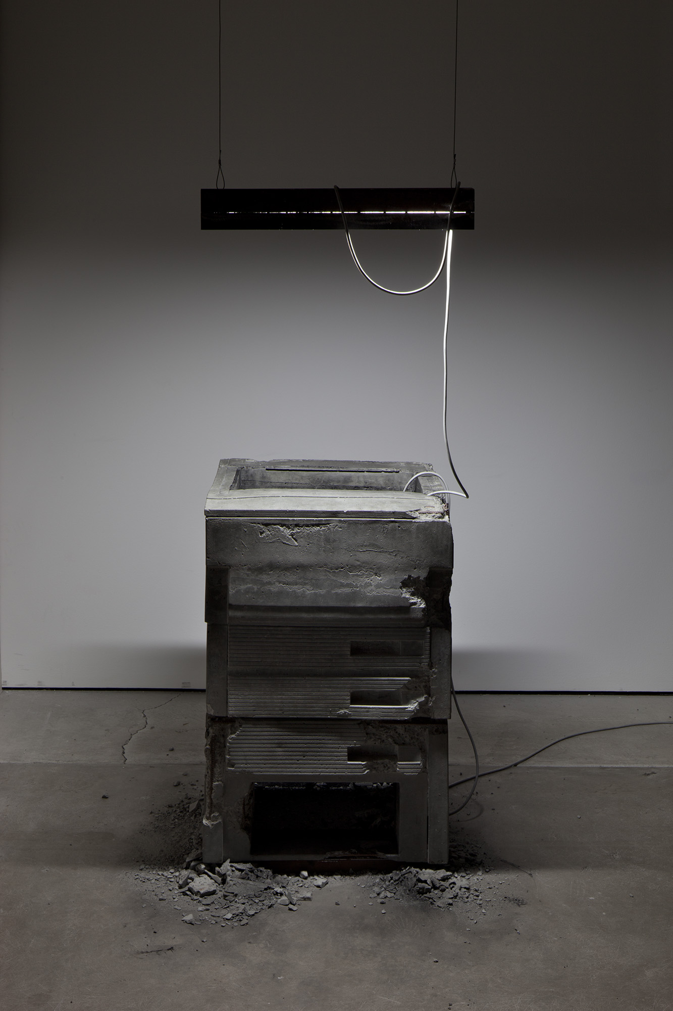 _Some Kinds of Duration_, 2011. Installation View, CCP - Centre for Contemporary Photography, Melbourne Australia, 2012. HD video colour, silent, concrete, fluorescent light, steel, carbon.